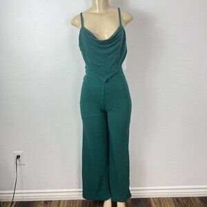 Green Jumpsuit Size Small draped Neck Shimmer Almost Famous Siren Holiday